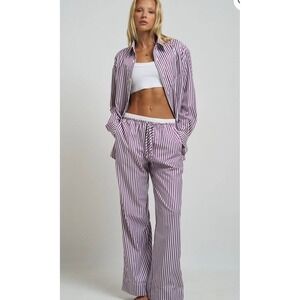 Gooseberry Intimates Le Boyfriend Unisex Plum Striped Poplin Lounge Pants M NEW